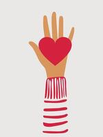 The hand of a man in striped clothes holds a red heart. Loving hand. Vertical banner with charity concept. vector