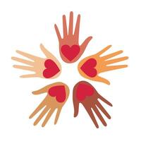 Loving hands with heart. Charity concept. Open palms of people of multiethnic communities. vector