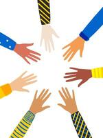 The hands of multiethnic people are connected in a circle on a white vertical background. Activists and other communities fight for equality. vector