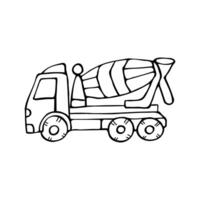 Drawing of a concrete mixer, hand drawn on a white background in cartoon style. vector