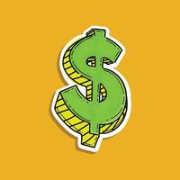 Dollar sign illustration handwrite isolated in a yellow background, sticker style illustration design vector