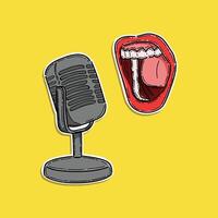 Pop art collage with microphone and grunge singer. Club party poster, karaoke, magazine. Lips and microphone. Lips singing into microphone. Podcast illustration design vector