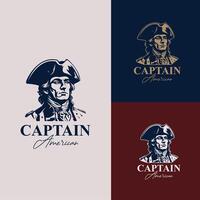 american captain silhouette retro logo design template vector