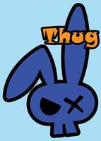 A thug rabbit, bunny, cartoon style rabbit with evil look illustration, the word thug, blue and orange colors, cool sign and tag, character design, thug character, suitable for posters and stickers vector