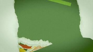 A single green torn paper scrap rests on a matching green background video