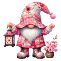 blommig rosa gnome med blommar och korg png