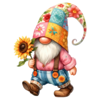 Colorful Floral Gnome with Spring Flowers Illustration. png