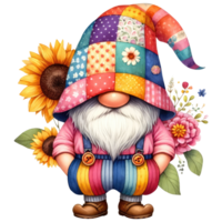 Colorful Floral Gnome with Spring Flowers Illustration. png