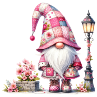 blommig rosa gnome med blommar och korg png