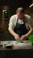 Koch Herstellung das Teig mit Mehl Eier und Tintenfisch Tinte Essen in Restaurant video