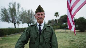 traurig Alten Veteran erinnert sich gefallen im zweite Krieg beim Denkmal Tag Friedhof video