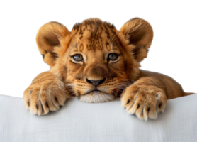 schließen oben Porträt von bezaubernd süß Baby Löwe isoliert auf transparent Hintergrund, generiert ai png