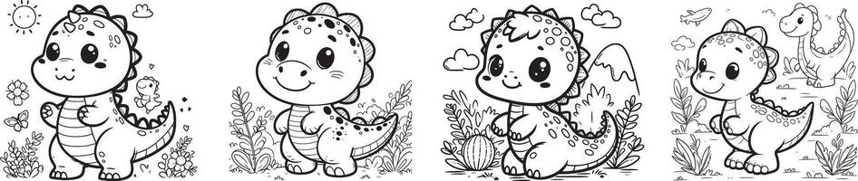 Set of cute little Dinosaur for kid's colouring book page. Children's Black and white cartoon colouring game. isolated illustration on white background vector