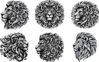 Wild Lion Head Tattoo Collection Illustrations Predator Face Abstract black and white Lineart Sketches vector
