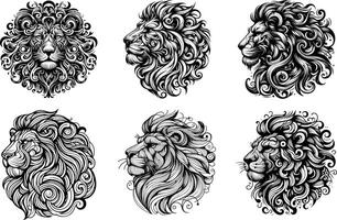 Wild Lion Head Tattoo Collection Illustrations Predator Face Abstract black and white Lineart Sketches vector