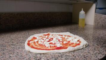 Pizza Chef Adding Basil Leafs On Margherita Dough video