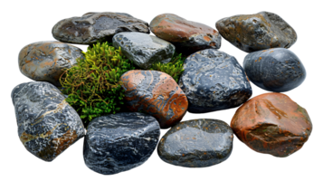 A bunch of rocks with a green moss growing on top of them png