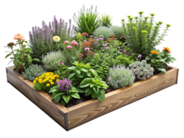 ein hölzern Box gefüllt mit ein Vielfalt von Blumen und Pflanzen png