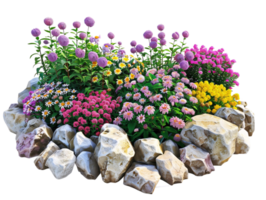 A colorful flower garden with a rock border png