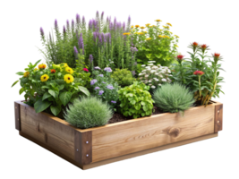 A wooden box filled with a variety of flowers and plants png