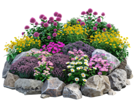 A colorful flower garden with a rock border png