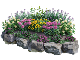 A colorful flower garden with a rock border png