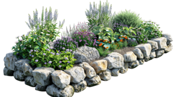 A colorful flower garden with a rock border png