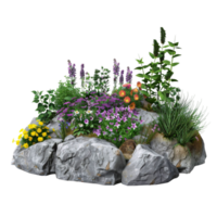 A colorful flower garden with a rock border png