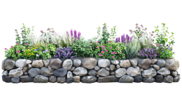 A colorful flower garden with a rock border png