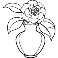 Camellia Flower on the vase outline illustration coloring book page design, Camellia Flower on the vase black and white line art drawing coloring book pages for children and adults vector