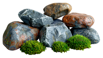 A bunch of rocks with a green moss growing on top of them png