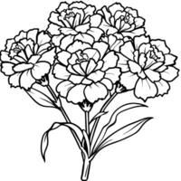 Carnation Flower Bouquet outline illustration coloring book page design, Carnation Flower Bouquet black and white line art drawing coloring book pages for children and adults vector