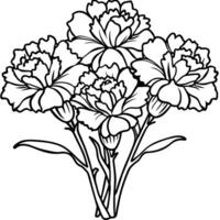 Carnation Flower Bouquet outline illustration coloring book page design, Carnation Flower Bouquet black and white line art drawing coloring book pages for children and adults vector