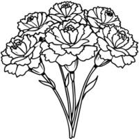 Carnation Flower Bouquet outline illustration coloring book page design, Carnation Flower Bouquet black and white line art drawing coloring book pages for children and adults vector