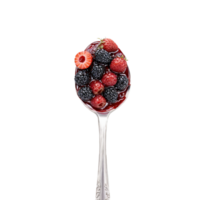 Three berry jam swirl vibrant red and seeded twirling off a spoon with strawberries raspberries png