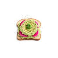 Smashed avocado toast mashed avocado spread on golden toast topped with sliced radishes and a png