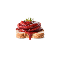 fresa mermelada brillante rojo cascada sobre un rebanada de un pan con todo fresas rebote alrededor png