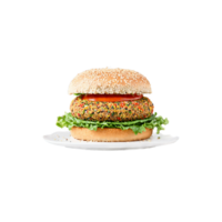 Quinoa veggie burger hearty and colorful sizzling and flipping with sesame seed bun separating Food png