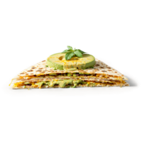 Avocado quesadilla crispy and gooey slicing apart with avocado slices and melted vegan cheese stretching png