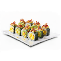 petit déjeuner Sushi mord mordre taille Sushi Rouleaux rempli avec brouillé des œufs croustillant Bacon et Avocat png