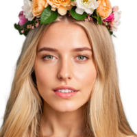 joven mujer con largo rubia pelo y un floral corona adorable cara agradable ojos deleitando. esencia de diverso feminidad. png