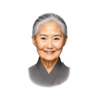zoë een ouderen Aziatisch vrouw met wijs ogen en een teder glimlach haar zilver haar- png