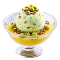 Pistachio ice cream in a glass parfait dish layered with crushed pistachios and a drizzle png