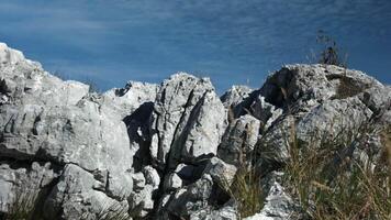 Beautiful stone cliffs. Creative. Large mountain ranges standing above a blue sunny sky next to tall reeds . video