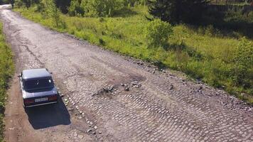 grön sommar väg . klämma. grå asfalt med små stenar och vegetation med en ryska bil den där driver video