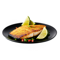 Blackened tilapia fillet spicy crust garnished with lime wedges captured in warm inviting light png