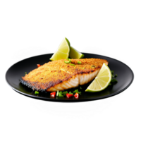 ennegrecido tilapia filete picante corteza adornado con Lima porciones capturado en calentar atractivo ligero png