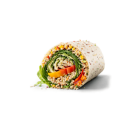 Quinoa veggie wrap colorful and tightly rolled slicing apart with quinoa grains and vegetables spilling png