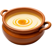 Creamy buffalo milk in a traditional clay pot topped with a swirl of honey and png