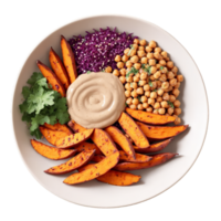 Buddha bowl quinoa base roasted sweet potato wedges and chickpeas tahini drizzle isolated on transparent png